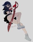  1girl black_hair blue_eyes copyright_name from_below gloves harano kill_la_kill matoi_ryuuko multicolored_hair panties redhead school_uniform short_hair skirt solo sword two-tone_hair underwear weapon 