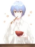  1girl ayanami_rei blue_hair bowl chopsticks eating glasses neon_genesis_evangelion numa0228 red_eyes shirt short_hair solo 