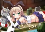  1girl anchor barrel black_panties blonde_hair blush cat elbow_gloves gloves green_eyes hair_ornament hairband kantai_collection long_hair looking_at_viewer navel on_stomach panties personification rensouhou-chan shimakaze_(kantai_collection) skirt solo striped striped_legwear thighhighs underwear white_gloves 