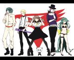  2girls 3boys absurdly_long_hair black_bra black_panties blonde_hair boots bra brown_hair character_request double_v green_eyes green_hair hand_in_pocket hat high_heels letterboxed long_hair low-tied_long_hair multiple_boys multiple_girls navel neckerchief panties popped_collar shouji_2 skirt smile smoking suspenders top_hat underwear v very_long_hair yellow_eyes 