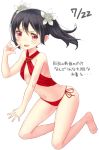  1girl \m/ barefoot black_hair blush flat_chest flower hair_flower hair_ornament haruken looking_at_viewer love_live!_school_idol_project navel open_mouth red_eyes side-tie_bottom smile solo twintails yazawa_nico 