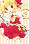  1girl blonde_hair bow fang flandre_scarlet fuiyu_(feuille0818) hair_bow hair_ornament hairpin hat long_hair no_hat open_mouth red_eyes ribbon side_ponytail skirt skirt_set solo touhou 