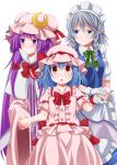  3girls apron bat_wings blue_eyes blue_hair bow braid capelet crescent double_bun dress eichi_yuu fang flat_gaze frown gloves hair_bow hat hat_ribbon holding_hands izayoi_sakuya long_hair looking_at_viewer looking_away maid_headdress mob_cap multiple_girls patchouli_knowledge payot puffy_short_sleeves puffy_sleeves purple_hair red_eyes remilia_scarlet ribbon robe short_hair short_sleeves silver_hair skirt skirt_set striped striped_dress touhou triangle_mouth twin_braids very_long_hair violet_eyes waist_apron wide-eyed wings wrist_cuffs 