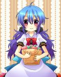  1girl ahoge alternate_hairstyle basket bow brown_background dress food fruit gradient_hair hinanawi_tenshi leaf looking_at_viewer multicolored_hair no_hat oruga_(oruoruga) peach red_eyes scrunchie short_sleeves smile solo striped striped_background touhou twin_tail 