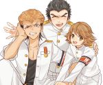  3boys armband black_hair blonde_hair blush brown_eyes brown_hair closed_eyes dangan_ronpa fujisaki_chihiro grin ishimaru_kiyotaka medal multiple_boys oowada_mondo short_hair smile trap uniform 