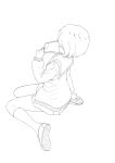  1girl absurdres cardigan errant glasses highres kneeling lineart monochrome nagato_yuki school_uniform shoes short_hair solo suzumiya_haruhi_no_yuuutsu uwabaki 