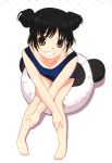  1girl absurdres amatsuka_seika baby_princess barefoot black_hair brown_eyes double_bun highres natsuki_mibu smile swimsuit 