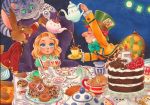  1boy 1girl ^_^ alice_(wonderland) alice_in_wonderland aqua_neckwear blonde_hair blue_eyes blush bow bowtie cake candle card cat chair cheshire_cat chihiro_howe child clock closed_eyes colored_pencil_(medium) commentary cup dormouse doughnut english_commentary fire flame food green_eyes green_hair grin hat holding holding_cup holding_teapot looking_up mad_hatter march_hare marker_(medium) medium_hair millipen_(medium) mouse number party plate playing_card redhead sitting sleeping smile spoon table tea teacup teapot top_hat traditional_media yellow_eyes 