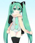  aqua_eyes aqua_hair bottomless breath detached_sleeves hatsune_miku headphones highres long_hair mani necktie no_pants no_skirt panties scarf snow solo striped striped_panties thigh-highs thigh_gap thighhighs twintails underwear vocaloid 