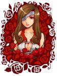  beatrix brown_hair cleavage ekyu eyepatch final_fantasy final_fantasy_ix flower long_hair rose smile solo violet_eyes 