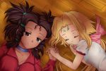  467_(artist) bad_id blonde_hair bow braid breasts brown_eyes choker cleavage closed_eyes dark_skin facial_mark fiona_(zoids) hair_bow hand_holding holding_hands lying moonbay multiple_girls sleeping zoids zoids_chaotic_century 