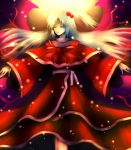   capelet dress closed_eyes glowing hair_bobbles kiyo legs long_hair long_sleeves open_mouth pullover ribbon shinki side_ponytail silver_hair solo spread_arms touhou wide_sleeves wings  