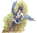  black_wings book geta gogo/tad hat kneehighs shameimaru_aya sleeping socks tengu-geta tokin_hat touhou traditional_media watercolor_(medium) wings 