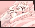  bed blue_eyes chemise dutch_angle hair_ribbon hands irodori_shachou konpaku_youmu lying monochrome on_back pink purple_eyes ribbon see-through smile spot_color touhou 