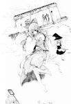  antennae armpits bad_id barefoot blood bow box broom broom_riding carrying cloud clouds damage damaged detached_sleeves donation_box feet fly_swatter flying flyswatter gk0 hair_bow hair_tubes hakurei_reimu hat highres kazami_yuuka kirisame_marisa midriff monochrome rope shide skirt skirt_set sky touhou traditional_media witch_hat wriggle_nightbug 