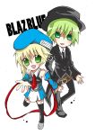  beret blazblue blonde_hair blush chibi detached_sleeves fedora green_eyes green_hair hat hazama kasinoki necktie noel_vermillion thigh-highs 