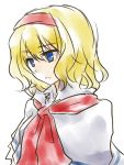  1girl alice_margatroid blonde_hair blue_eyes bust capelet expressionless hairband myama short_hair simple_background solo touhou 