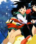  black_hair higurashi_kagome inuyasha legs long_hair miniskirt sango school_uniform skirt smile thighs 