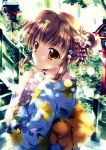  1girl absurdres brown_hair fan hair_ornament highres japanese_clothes kimono lamppost mikeou stairway tagme yellow_eyes 