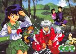  black_hair higurashi_kagome inuyasha kirara long_hair miniskirt miroku sango school_uniform shippo skirt smile wall 