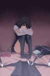  bag black_hair blue_eyes book cellphone feet hands jacket knife leg_hug phone saionji_sekai school_days sitting solo thigh-highs thighhighs 