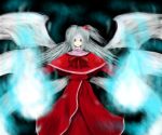   capelet dress glowing hair_bobbles kiyo long_hair magic ribbon shinki side_ponytail grey_eyes silver_hair smile solo spread_arms touhou wings  