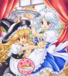  apron bad_id blonde_hair blue_eyes bow braid cake cup fang food hairband hat izayoi_sakuya kirisame_marisa maid pastry pemoko silver_hair thighhighs touhou twin_braids witch witch_hat yellow_eyes 