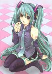  aqua_eyes aqua_hair detached_sleeves hands hatsune_miku headset legs lips long_hair misookaka necktie skirt smile solo thigh-highs thighhighs twintails very_long_hair vocaloid 