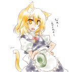  animal_ears blonde_hair bow braid cat_ears cat_tail fang hair_bow hand_on_hip kirisame_marisa myama no_hat no_headwear open_mouth orange_eyes solo tail touhou translated translation_request yellow_eyes 