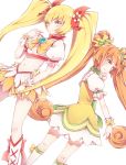  2girls anthiea back-to-back blonde_hair boots club cure_rosetta cure_sunshine dokidoki!_precure heartcatch_precure! highres looking_back midriff multiple_girls myoudouin_itsuki navel orange_hair precure simple_background twintails weapon white_background yellow_eyes yotsuba_alice 