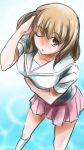  blush breast_hold brown_eyes from_above fukuji_mihoko highres mas saki school_uniform wink 