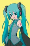  detached_sleeves green_eyes green_hair hatsune_miku headphones headset long_hair necktie open_mouth shinigami_(gumsyrup) skirt smile solo twintails very_long_hair vocaloid 