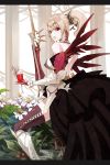  earrings elf flower gauntlets glass gunblade highres jewelry lips looking_back original penguin_caee pointy_ears ponytail red_eyes solo thigh-highs thighhighs weapon 