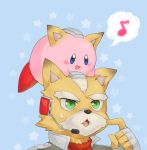  animal_on_head fox fox_ears fox_mccloud fox_mccloud_(cosplay) furry gloves green_eyes hat headset hoshi_no_kirby kirby kirby_(series) musical_note nintendo no_humans scarf smile star star_fox starfox super_smash_bros. super_smash_bros_64 super_smash_bros_melee 