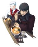  bad_id bandage bandages beanie brown_hair chopsticks eating food gloves hat persona persona_3 sanada_akihiko school_uniform short_hair smile trench_coat trenchcoat 