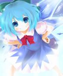  blue_eyes blue_hair bow cirno grin hair_bow hands_on_hips leaning_forward looking_at_viewer short_hair smile solo touhou wara_(warapro) wings 