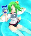  bad_id blue_hair bow chibi cirno daiyousei green_eyes green_hair hair_bow kuro_minamo multiple_girls one-piece_swimsuit ponytail short_hair side_ponytail swimsuit swimsuit_under_clothes touhou wings 