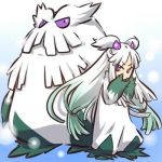  1girl abomasnow costume gradient_background gradient_hair green_hair hair_ornament hitec lowres moemon multicolored_hair personification pokemon pokemon_(creature) purple_eyes sleeves_past_wrists twintails white_hair 