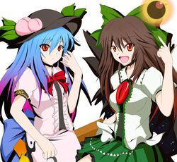  bow brown_hair eyes food fruit fuoco hair_bow hair_ribbon hands hat hinanawi_tenshi long_hair pair peach red_eyes reiuji_utsuho ribbon touhou wings 