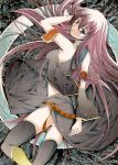  blue_eyes detached_sleeves long_hair looking_back lying megurine_luka moonsorrow pink_hair solo thigh-highs thighhighs traditional_media vocaloid 