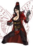  bayonetta bayonetta_(character) belt black_hair brown_eyes cleavage dante dante_(cosplay) devil_may_cry gauntlets glasses hair_bun long_hair mine_(pixiv348990) pants red_ribbon ribbon trenchcoat very_long_hair 