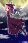  bow dress flying hat highres moon mystia_lorelei night outstretched_arms pink_eyes pink_hair short_hair sky solo spread_arms star star_(sky) starry_sky touhou urimono winged_shoes wings 