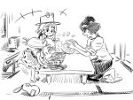  child eyes food gake_no_ue_no_ponyo gensokoumuten gensoukoumuten gourd hat ibuki_suika monochrome moriya_suwako noodles pyonta ramen ribbon touhou yasaka_kanako 