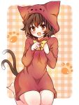  1girl animal_costume animal_ears blush brown_eyes brown_hair cat_costume cat_ears cat_tail chako_(chakoxxx) chen highres multiple_tails open_mouth short_hair solo tail touhou 