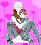  1girl bad_id bandage bandages blush couple female_protagonist_(persona_3) persona persona_3 persona_3_portable sanada_akihiko school_uniform short_hair skirt 