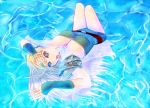  belt blonde_hair blue_eyes celes_chere cleavage final_fantasy final_fantasy_vi foolstream headband leotard long_hair lying open_mouth shoulder_pads solo swimsuit water 