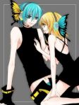  blonde_hair blue butterfly eyes genderswap green hair hatsune_mikuo headphones kagamine_rin magnet_(vocaloid) short vocaloid wings 