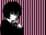  hands monochrome necktie pink_background pointing short_hair striped striped_background sweatdrop takumibi 