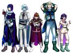  armor bandages belt blonde_hair blue_eyes blue_hair boots bracelet cape clenched_hand closed_eyes crossed_arms earrings facial_mark gloves gourry_gabriev height_difference jewelry lina_inverse lineup long_hair pointy_ears purple_hair red_eyes red_hair short_hair slayers slayers_next smile staff white_background white_hair xelloss zelgadiss_graywords 