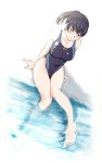  1girl amagami amano_issui barefoot black_eyes black_hair blush breasts cleavage competition_swimsuit feet large_breasts legs one-piece_swimsuit ponytail pool poolside solo swimsuit thigh_gap tsukahara_hibiki 
